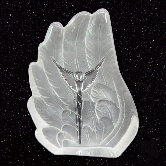 Clear Frosted Feather Shaped Glass Paperweight With Angel In The Middle Thick - Picture 9 of 11